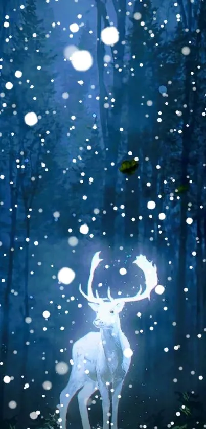 Mystical glowing deer in a dark blue enchanted forest wallpaper.