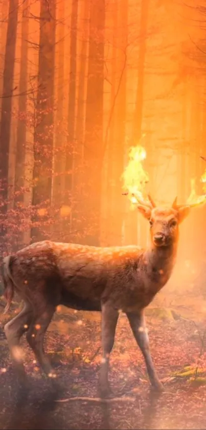 Deer with glowing antlers in an orange-hued enchanted forest.