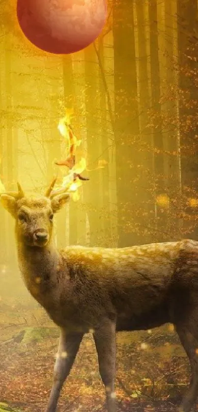 Deer with flaming antlers in an enchanted forest under a reddish planet.