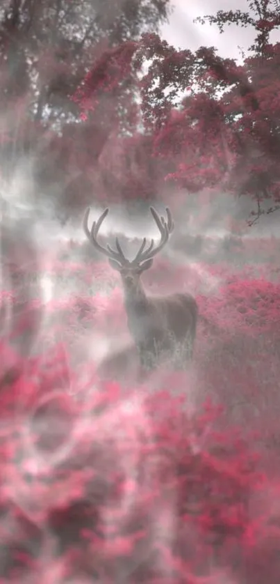 Deer standing in a mystical, misty pink forest