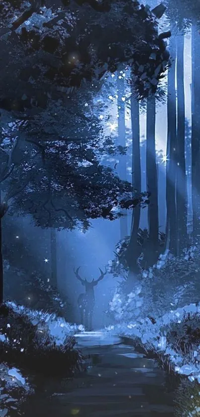 A mystical deer in a starry, enchanted forest at night.