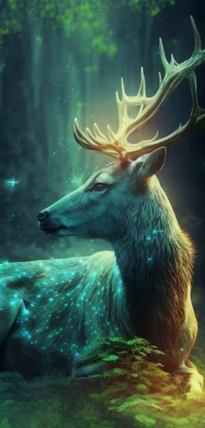 Mystical deer glowing in an enchanted forest with green hues and a serene atmosphere.