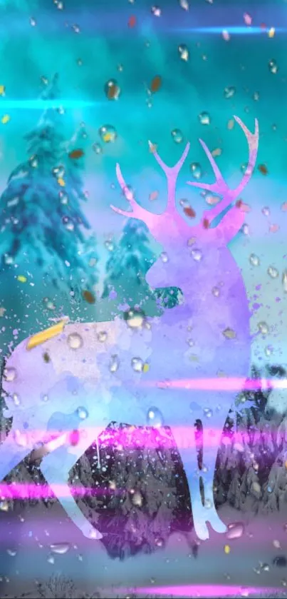 Mystical deer silhouette in vibrant forest with glowing accents.