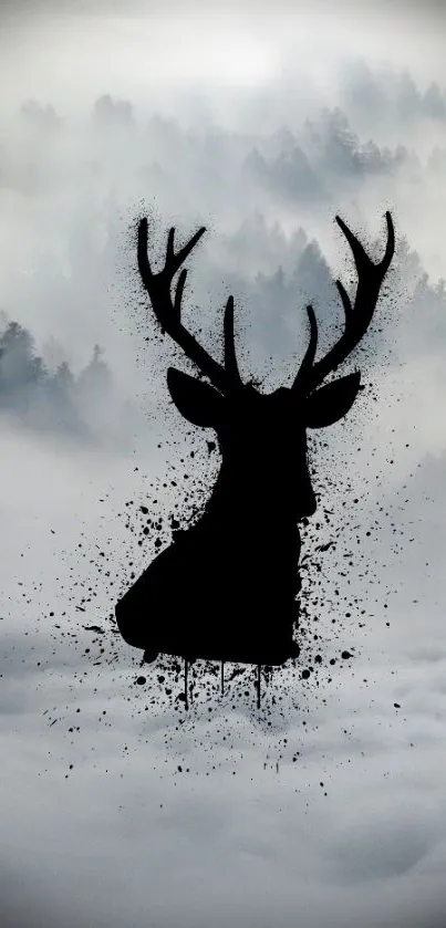 Silhouetted deer in misty forest backdrop.