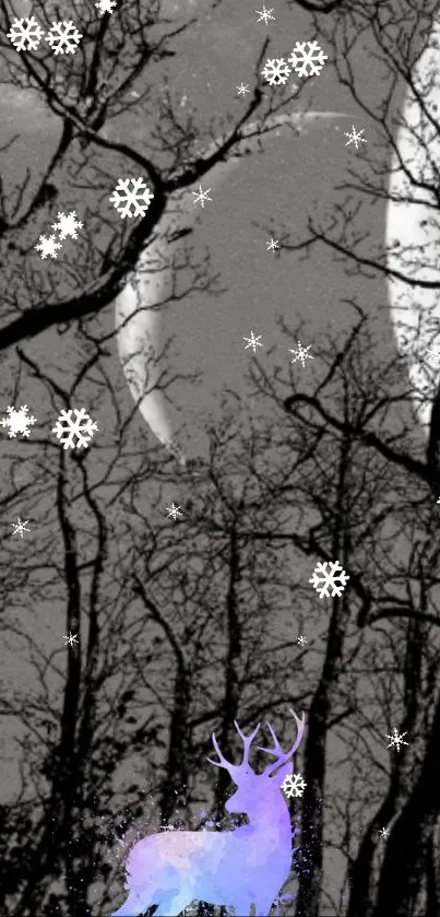 Mystical deer in a moonlit winter forest with intricate snowflakes.