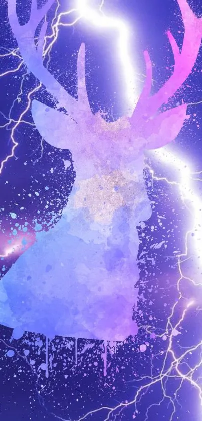 Purple deer silhouette with lightning backdrop.