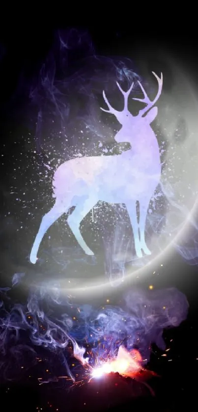 Mystical deer silhouette in moonlight with cosmic purple hues.