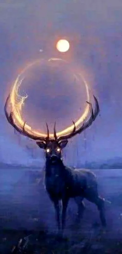 Mystical deer with glowing antlers under moonlight in a serene landscape.