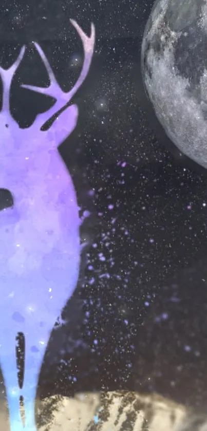 Mystical purple deer and moon in night sky wallpaper.