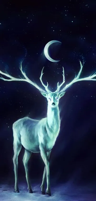 Mystical deer under the moonlit night sky wallpaper.