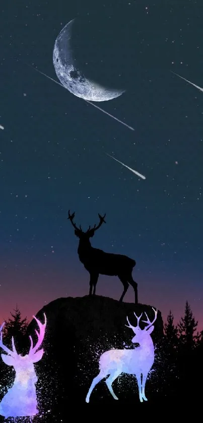 Mystical night sky with deer silhouettes and galaxy effects.