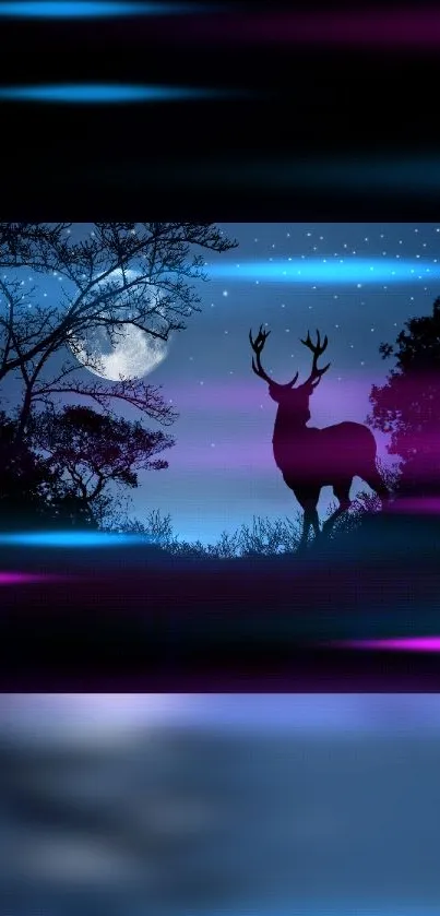 Deer silhouette under a starry blue night sky with purple accents.