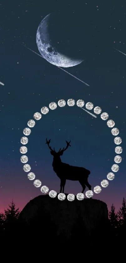 Deer silhouette with moon and stars on a dark blue night sky wallpaper.