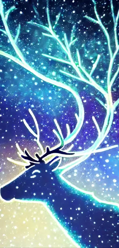 Mystical deer with glowing antlers against a vibrant starry night sky.