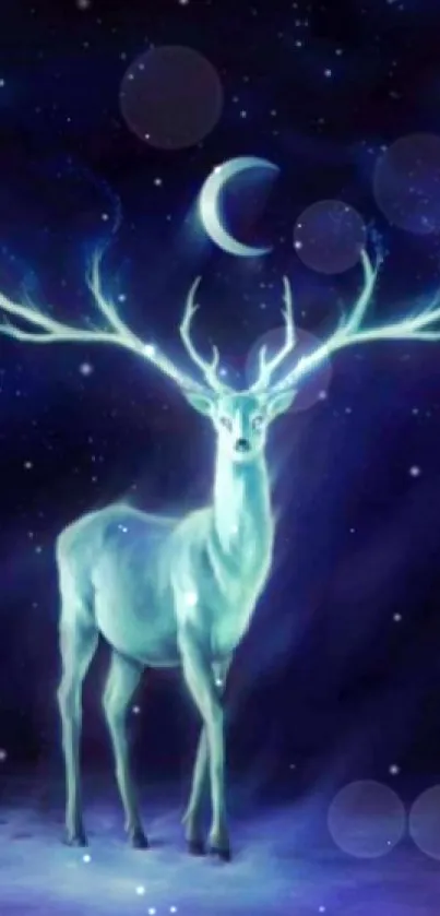 Mystical deer with antlers under a crescent moon and starry sky.