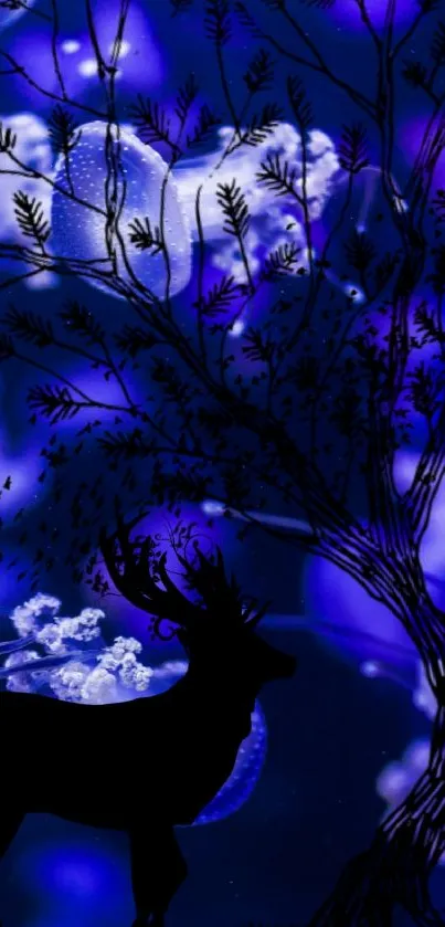 Mystical deer silhouette with blue night sky background.