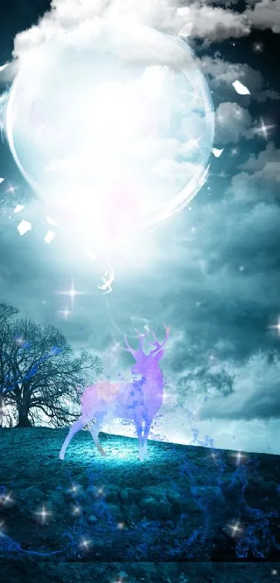 Mystical deer under a glowing orb with stars and clouds.