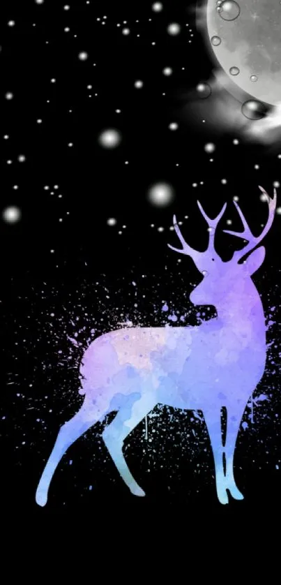 Mystical deer under a starry night sky with moon and clouds.