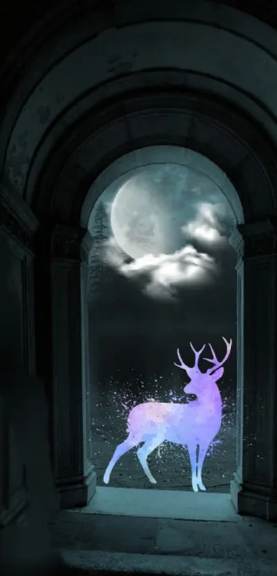 Mystical glowing deer under a moonlit sky in an ancient archway.