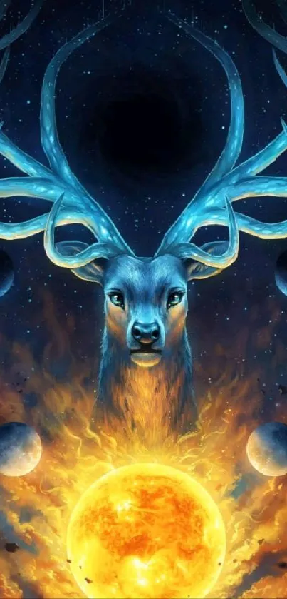 Mystical deer with blue antlers in a cosmic theme wallpaper.