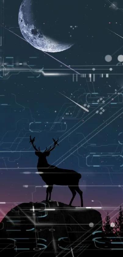 Silhouette of a deer under a digital moonlit sky with tech elements.