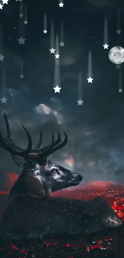 Majestic deer gazing at moonlit cityscape under a tranquil night sky.