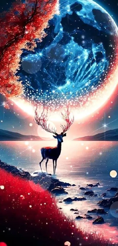 Majestic deer under a glowing moon with a serene lake at night.