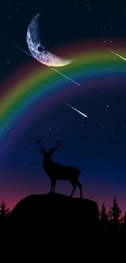 Mystical deer with a rainbow and moonlit sky wallpaper.