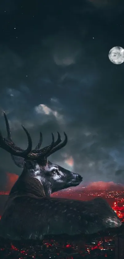 Mystical deer gazing at moon over glowing city.