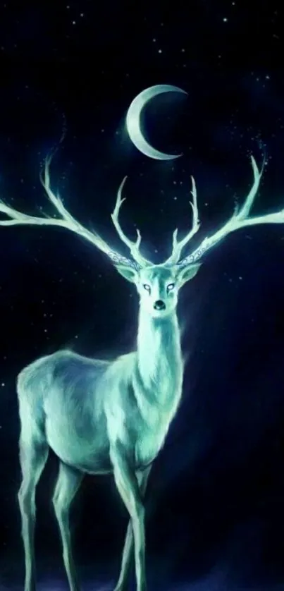 Glowing deer beneath crescent moon in starry night.