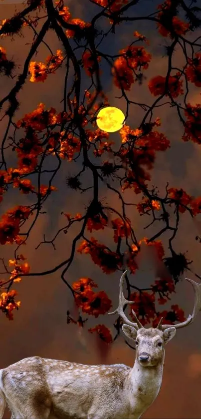 Majestic deer under a glowing full moon with fiery autumn leaves.