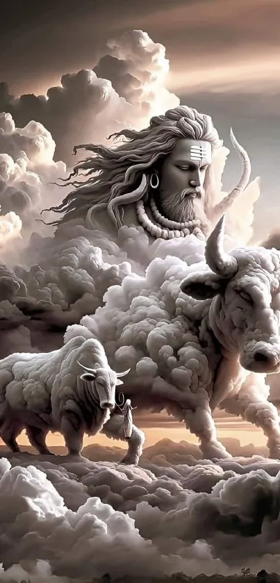 Mystical deity and bulls in ethereal clouds art wallpaper.