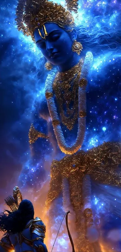 A cosmic deity glowing in deep blue, surrounded by stars.