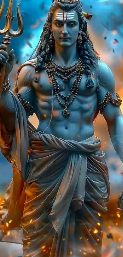 Vibrant mobile wallpaper of a mystical deity with orange and blue tones.