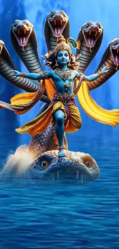 Mystical deity standing on serpent in vivid water