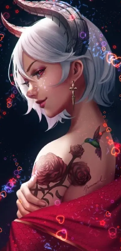 Anime demon with white hair and tattoos, dark background.