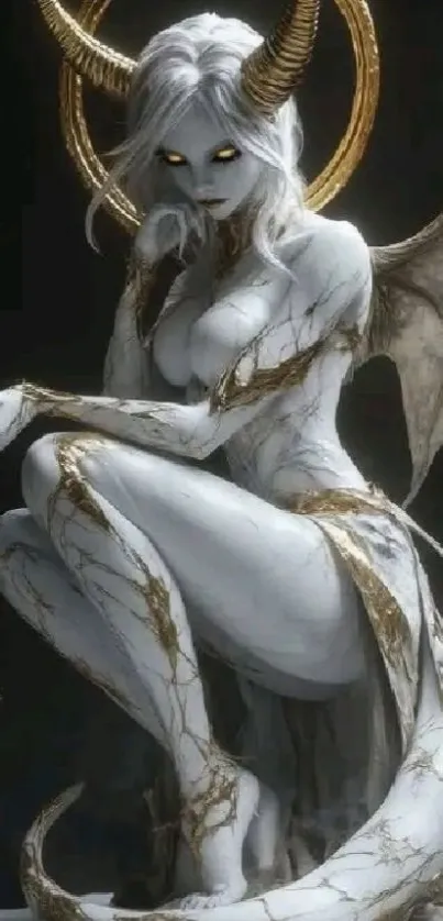 Mystical demon-inspired mobile wallpaper featuring a winged figure.