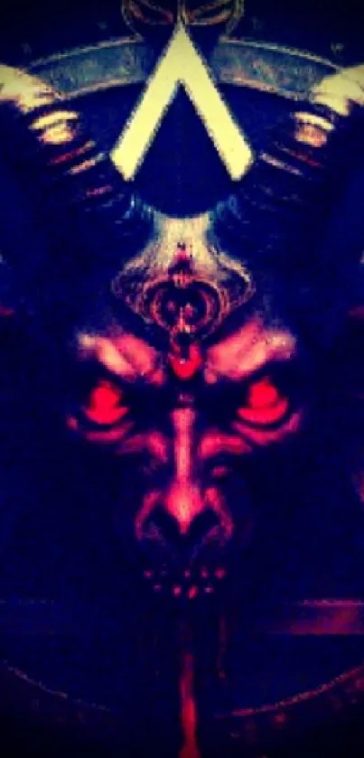 Mystical demon art with red eyes and dark gothic design.