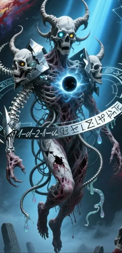 Mystical demon with horns and runes surrounded by vibrant colors.