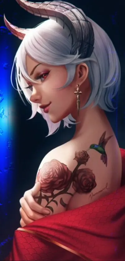 Mystical demon girl with tattoos on mobile wallpaper, elegant and colorful.