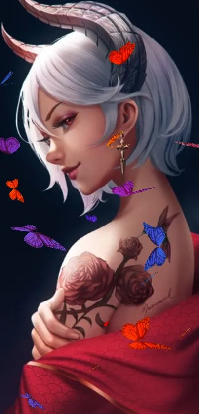 Mystical demon girl with butterflies and tattoos on mobile wallpaper.