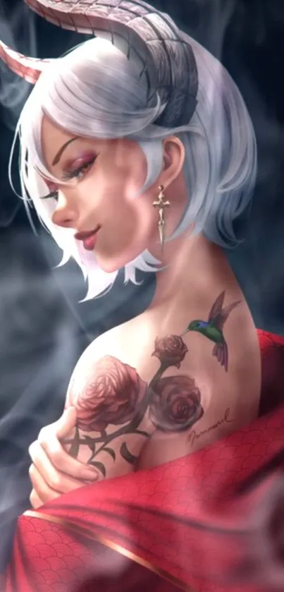 Mystical demon lady with tattoos in red.