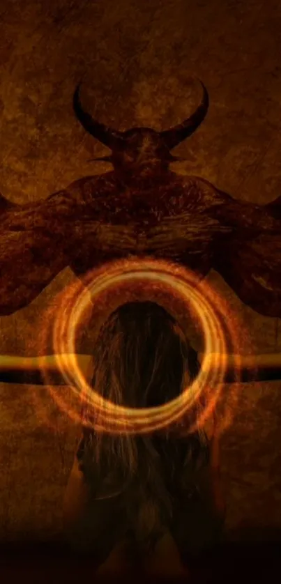 Mystical demon silhouette with glowing circle in dark wallpaper.