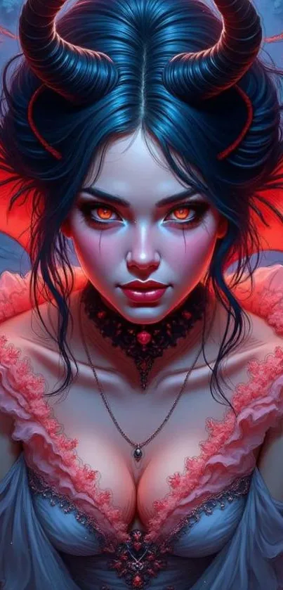 Mystical demon woman with vibrant colors and intricate details.