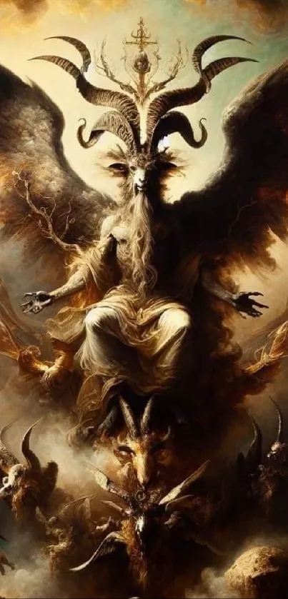 Mystical and dark demonic art wallpaper with wings and horns.