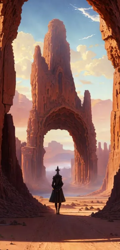 Mystical figure stands in awe at desert archway under a vibrant sky.