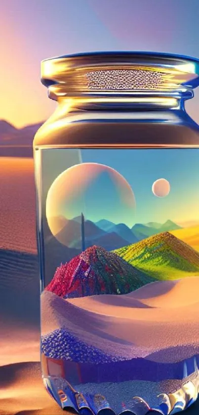 Mystical desert landscape inside a jar with vibrant colors and surreal design.