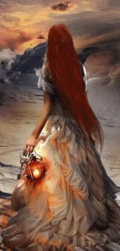 Woman with lantern in a surreal desert, wearing a flowing dress and red hair.