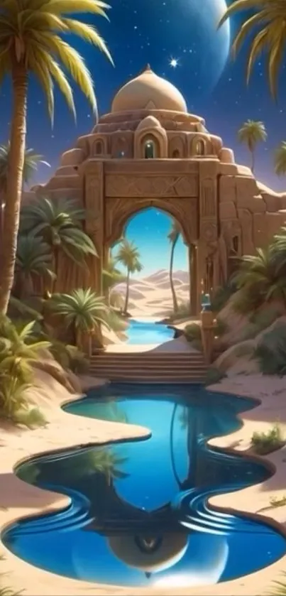Mystical desert oasis with temple and reflecting water under a night sky.