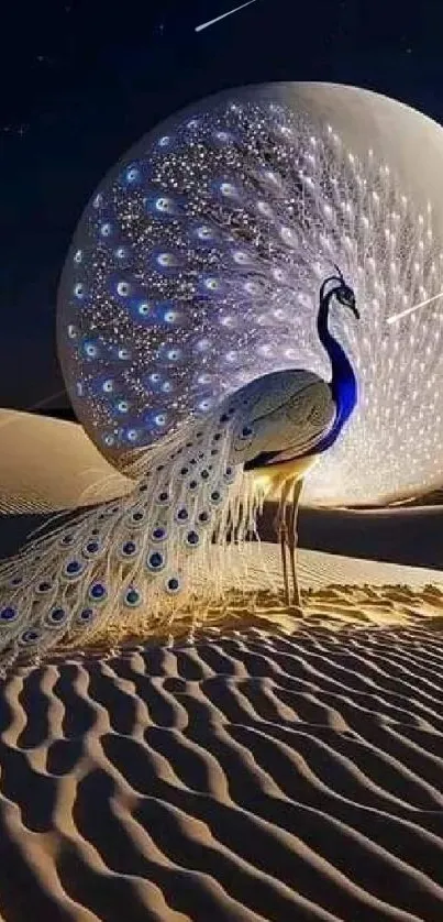 Elegant peacock in a moonlit desert setting as a mobile wallpaper.